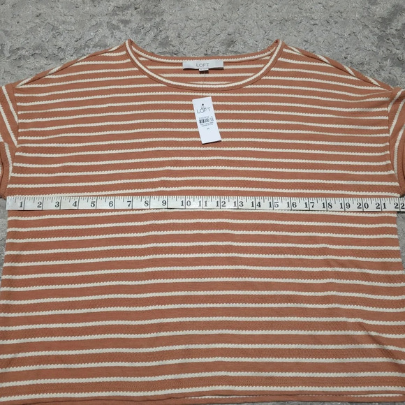 LOFT Nwt Boxy Oversized Cropped Peachy Brown & White Dot Striped Crewneck Tee, M - Picture 9 of 11